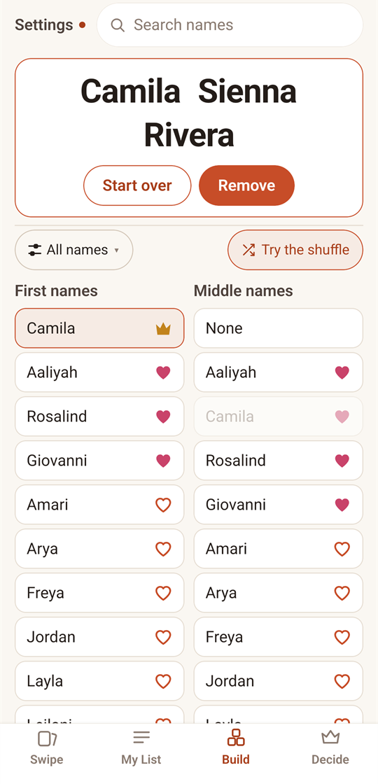 The Build tab, with a first name and a middle name chosen from two columns above a last name.
