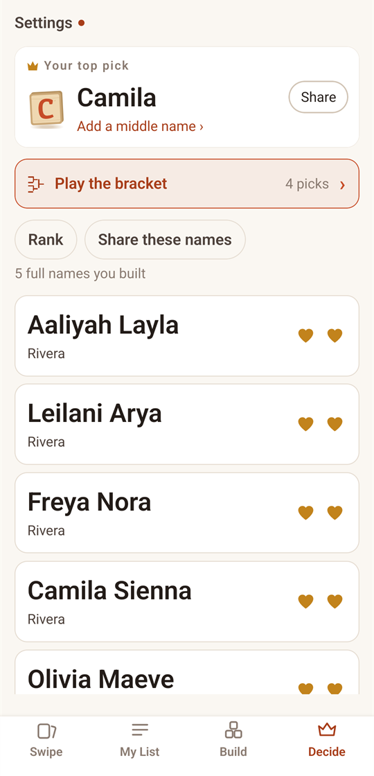 The Decide tab, listing the whole names built so far, with a bracket to play.
