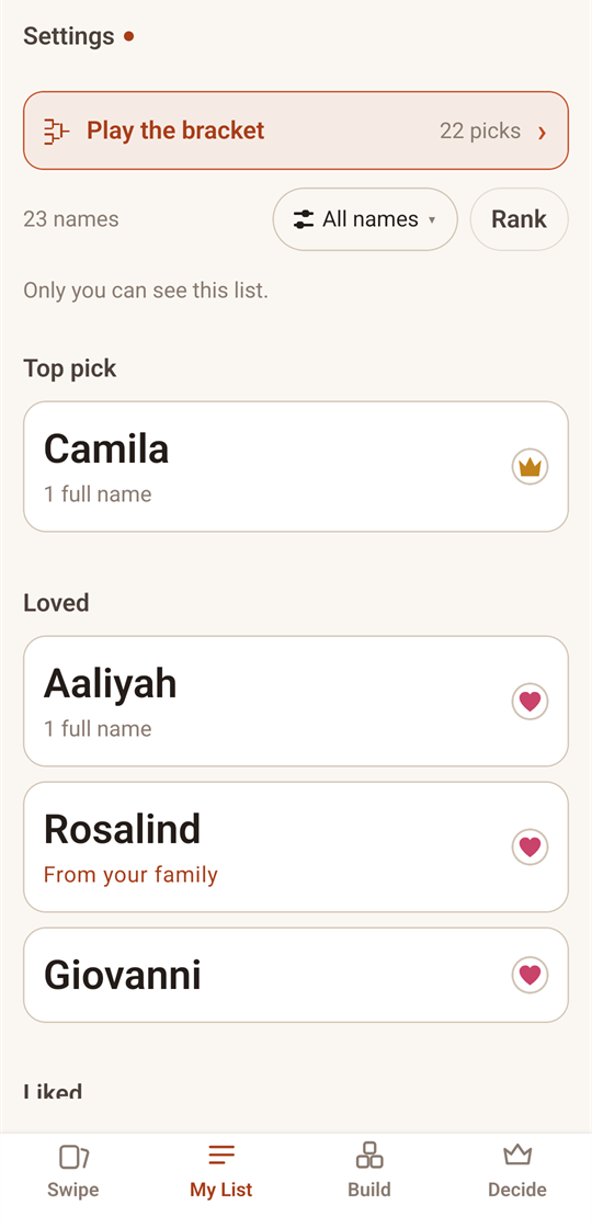 My List, with the names kept so far grouped under a top pick, loved and liked.