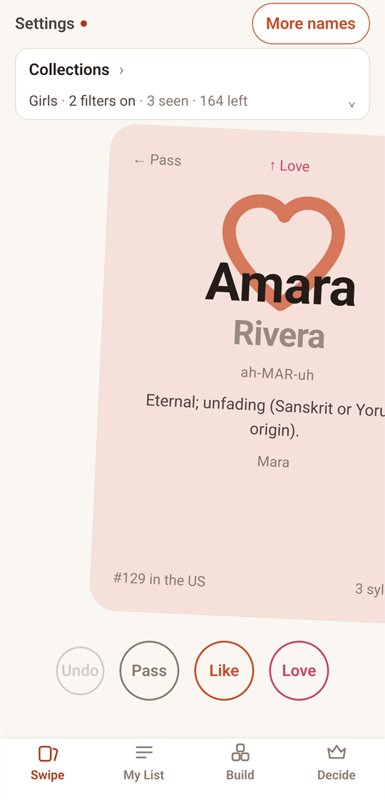 The Swipe tab, showing one name card with pass, like and love buttons under it.